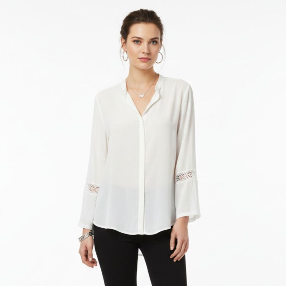 XCVI White Long Crochet Accent Panel Sleeve Collarless Blouse L